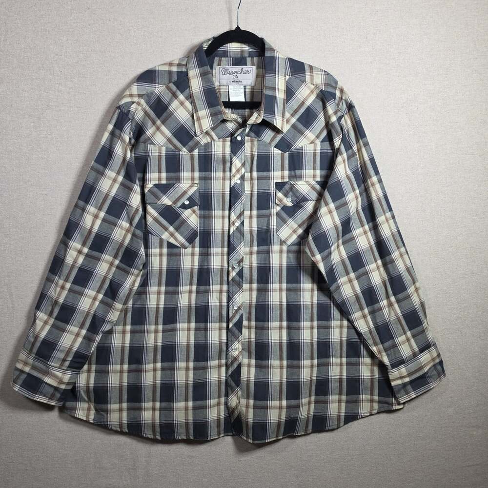 Wrangler Wrancher Shirt 3X Blue Plaid Pearl Snap Button Up Western Cowboy Farm
